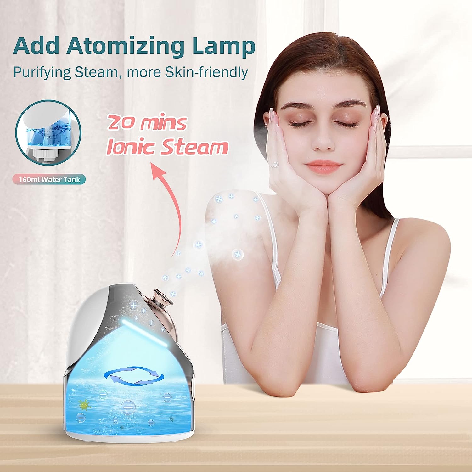 Newbealer Mini Aroma Face Steamer, 160ml Nano Ionic Hot Mist Facial Humidifier Atomizer, Home Sauna Spa Sprayer Moisturizing Cleansing Pores, 9 Pieces Acne Remover Kit Included, Pink-Gold - Image 3